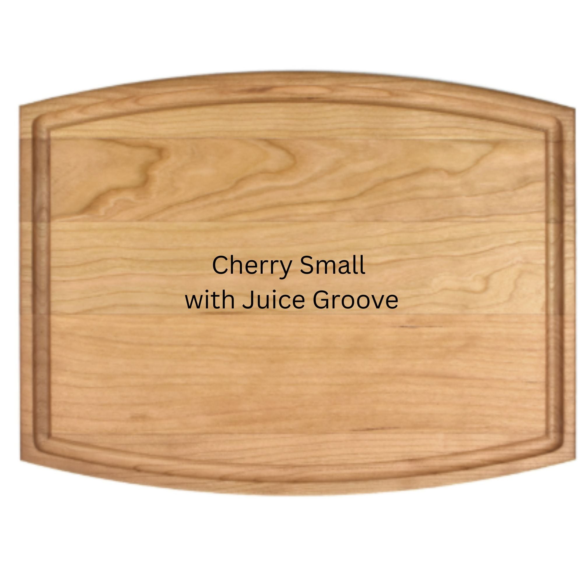 Wooden cutting board with 'Cherry Small with Juice Groove' text on a white background