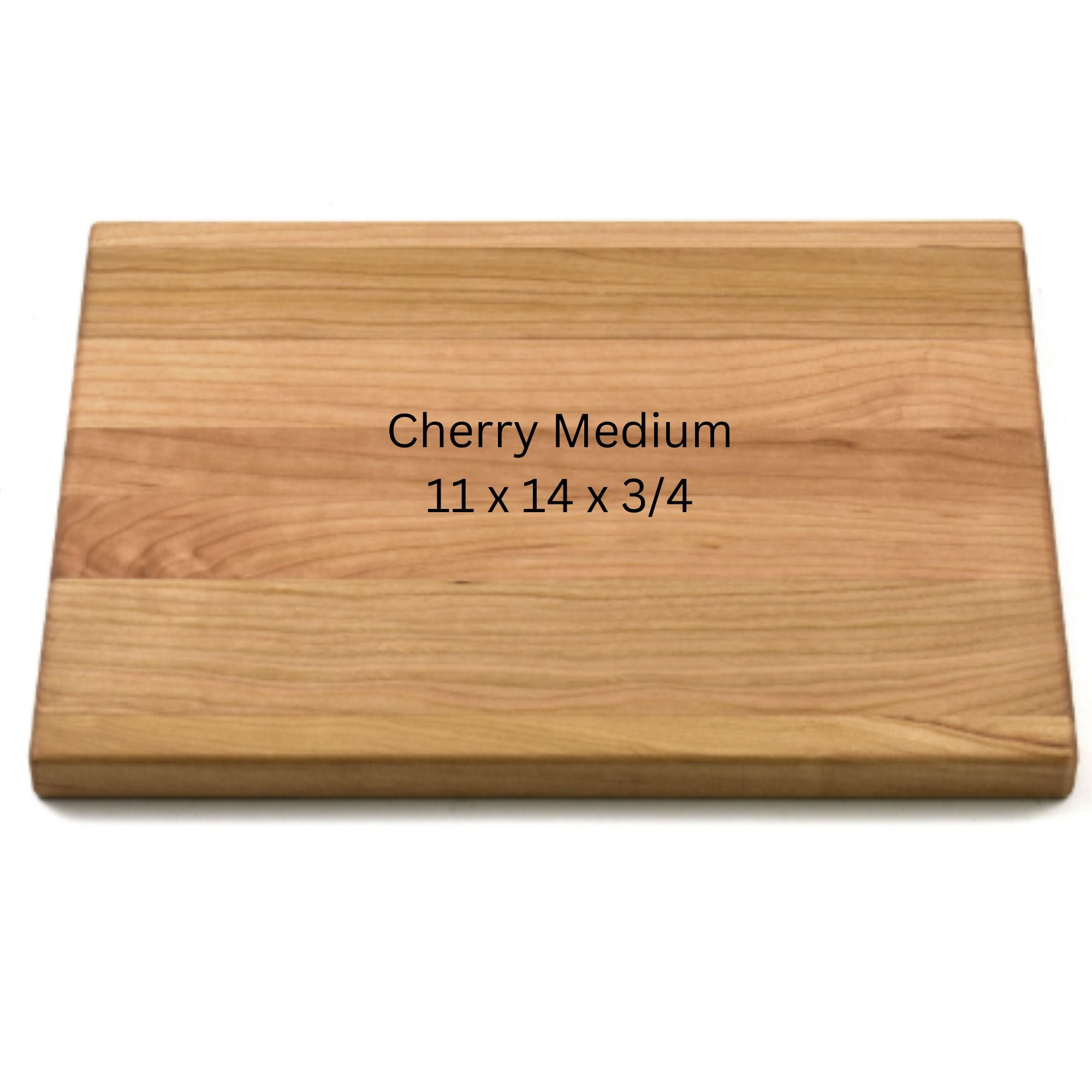 Wooden cutting board labeled 'Cherry Medium' with dimensions on a white background
