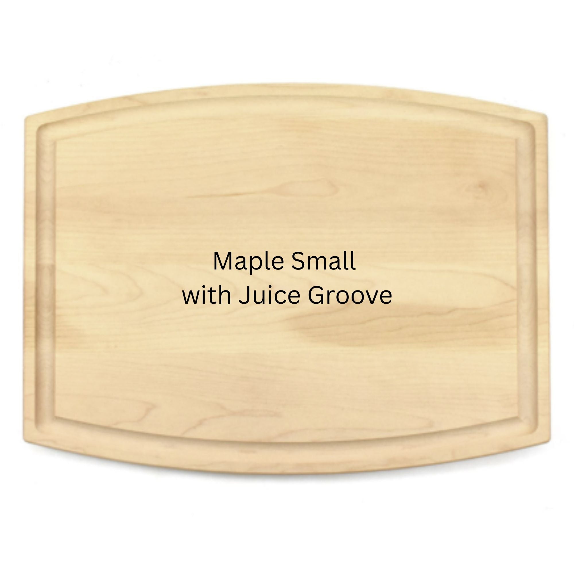 Wooden cutting board with 'Maple Small with Juice Groove' text on a white background