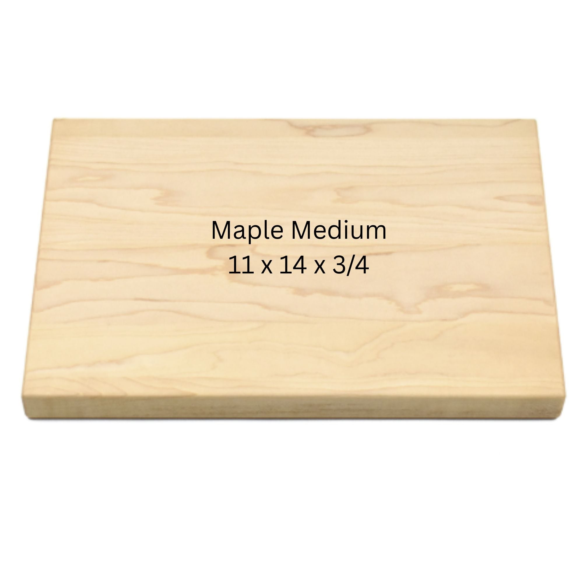 Maple medium wooden cutting board with dimensions on a white background