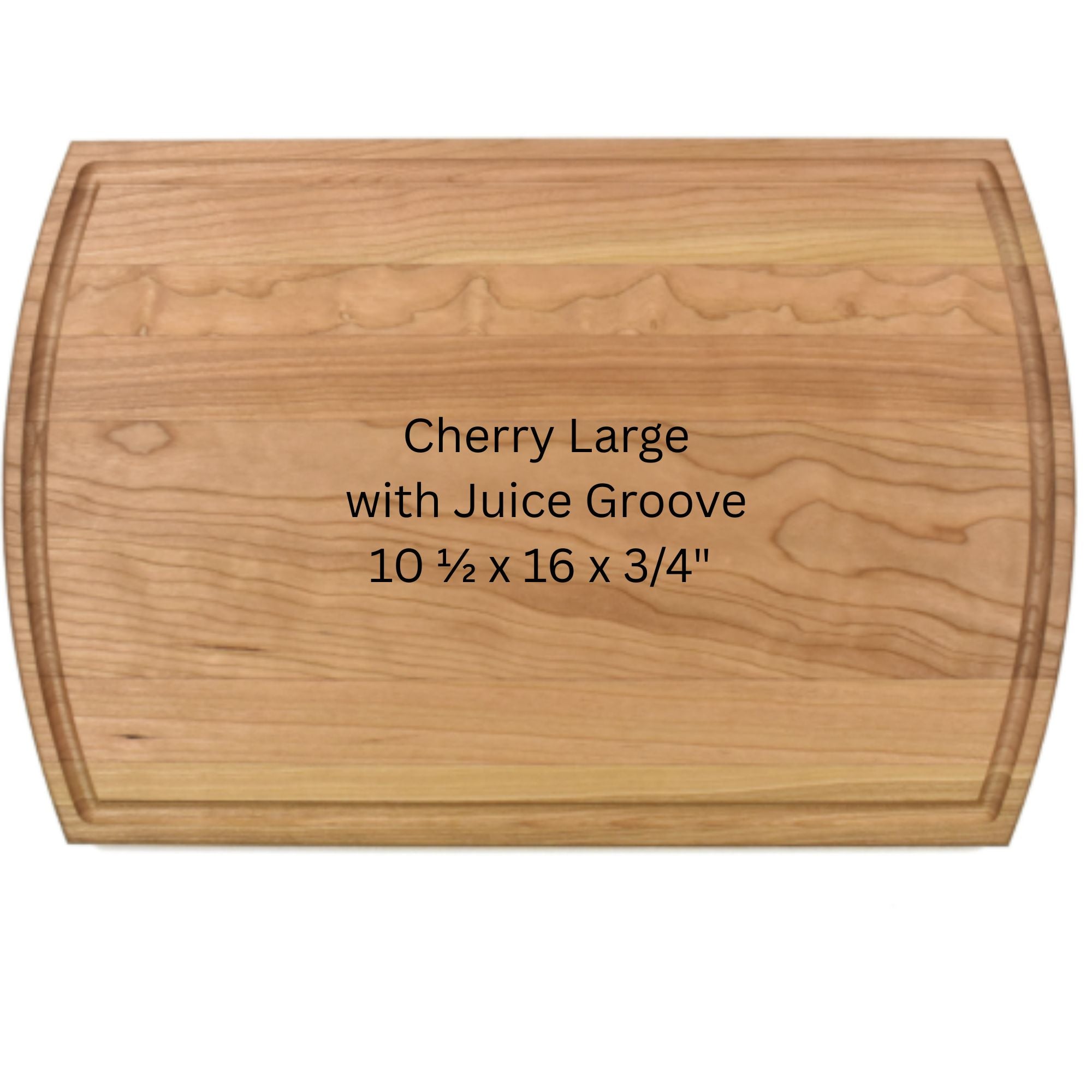 Wooden cutting board with text indicating size and material on a white background