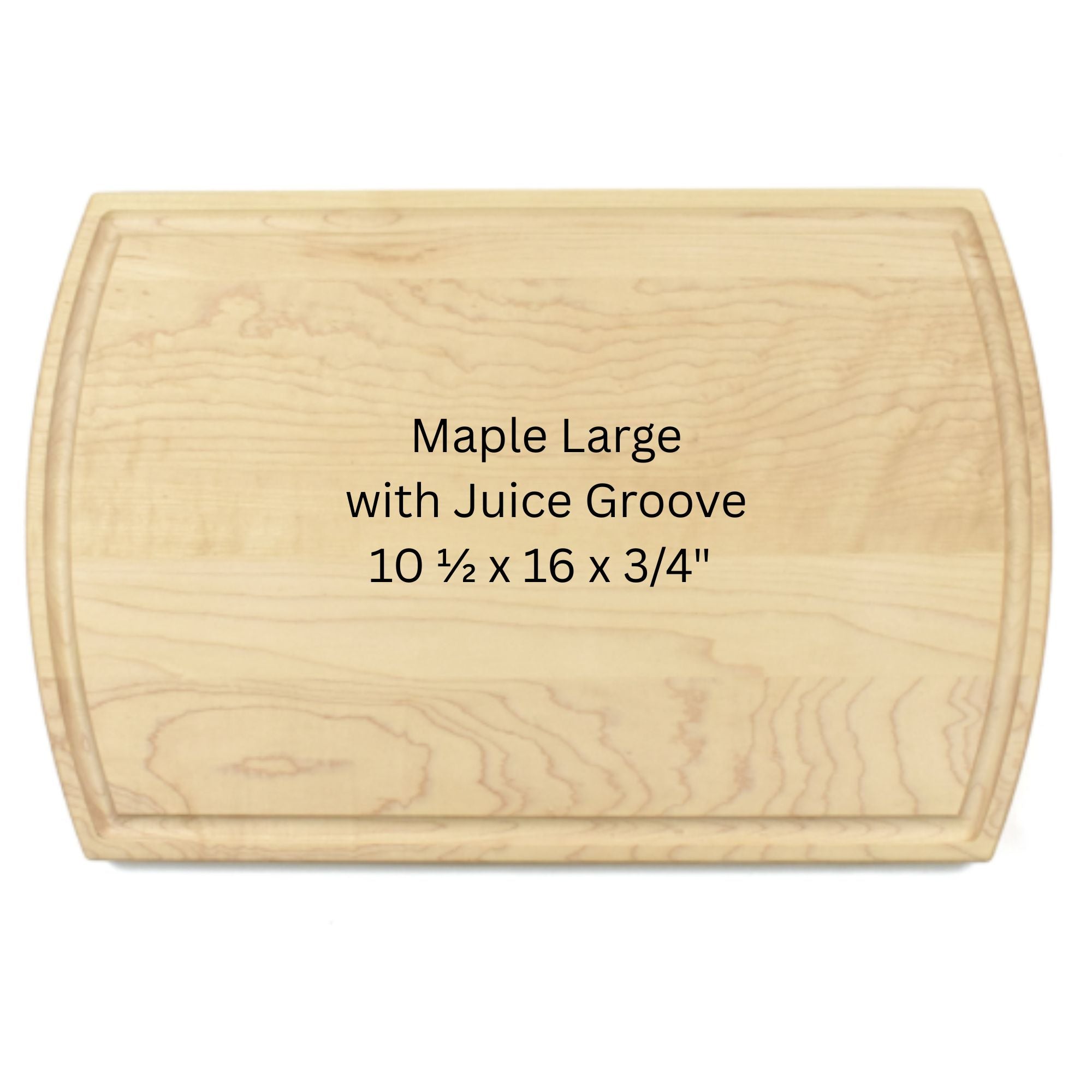 Maple cutting board with text indicating size and features on a white background