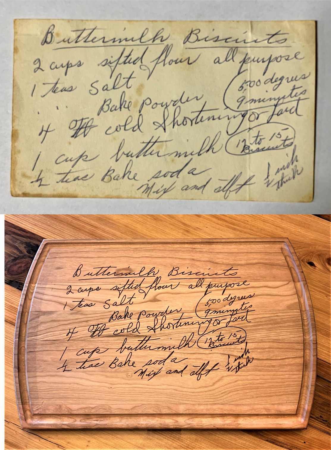 Handwritten recipe for Buttermilk Biscuits on a wooden cutting board.