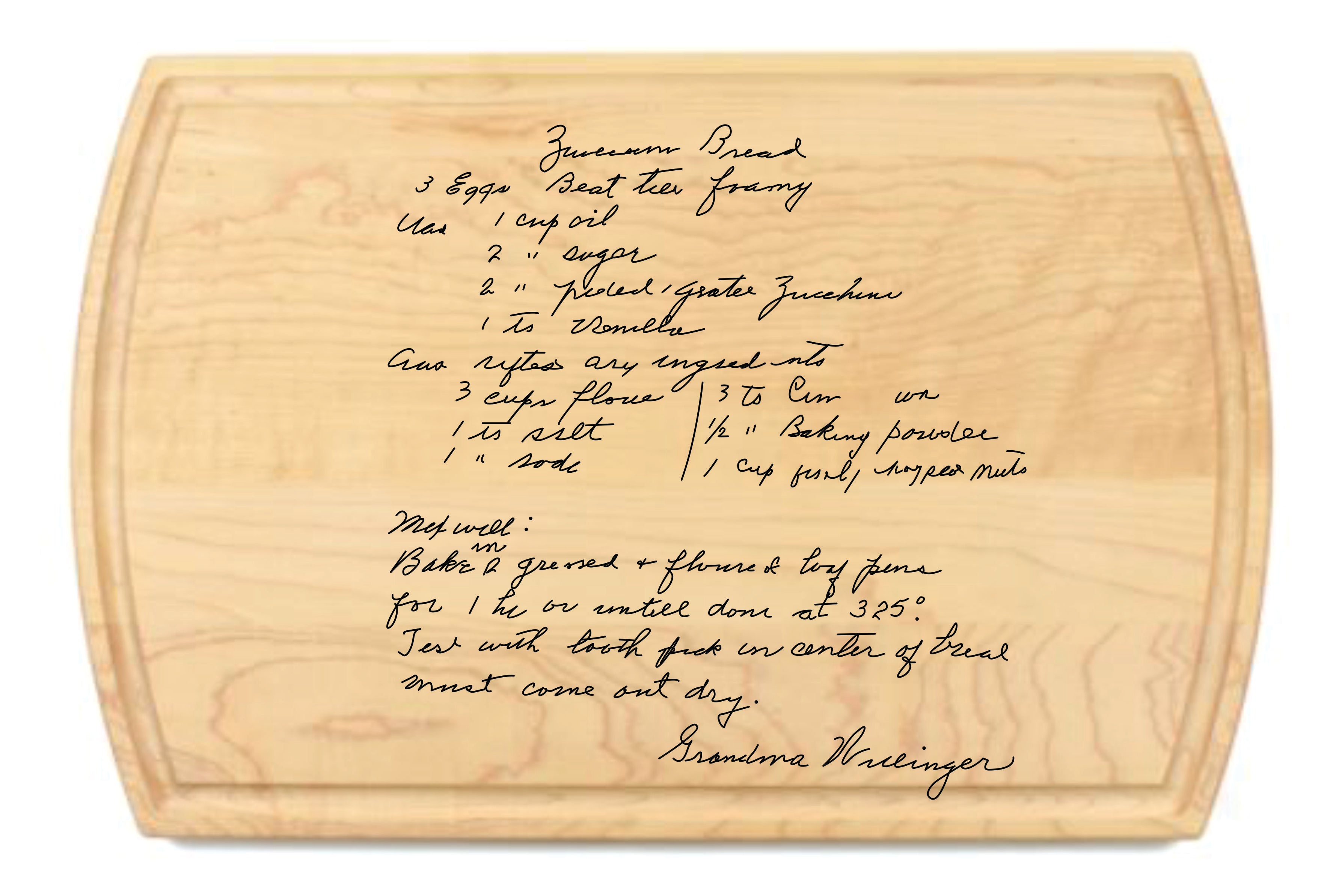 Wooden cutting board with handwritten recipe