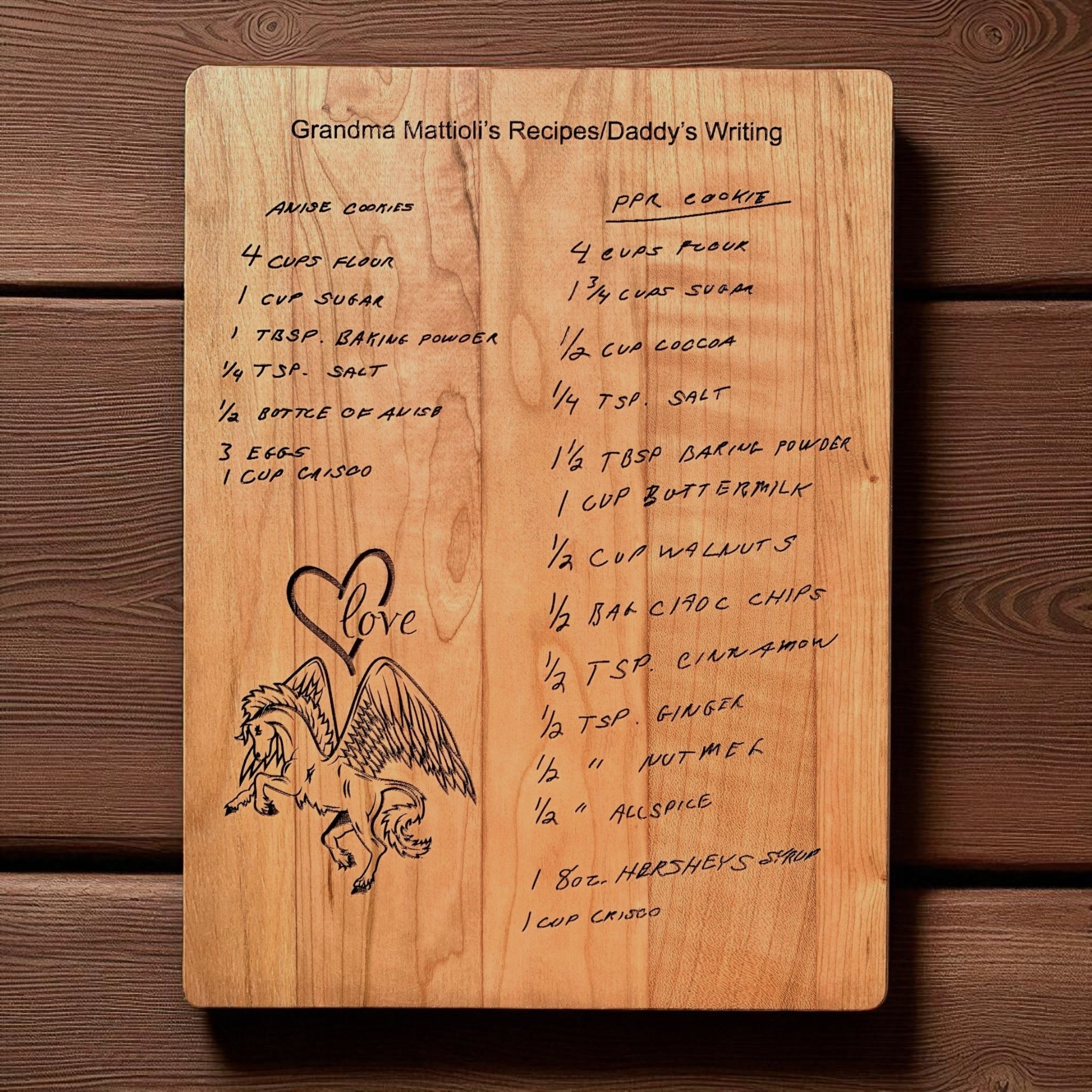 Wooden cutting board with handwritten recipe and illustrations on a wooden surface