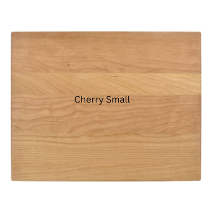 Wooden cutting board labeled 'Cherry Small' on a white background
