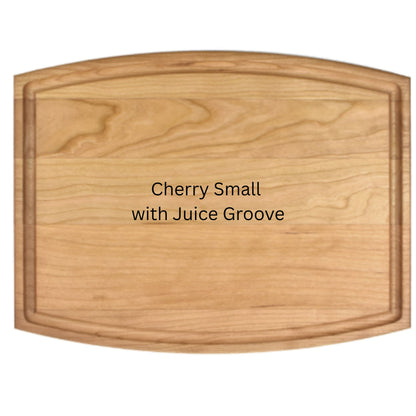 Wooden cutting board with 'Cherry Small with Juice Groove' text on a white background