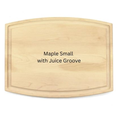 Wooden cutting board with 'Maple Small with Juice Groove' text on a white background