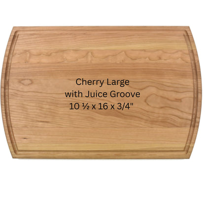 Wooden cutting board with text indicating size and material on a white background
