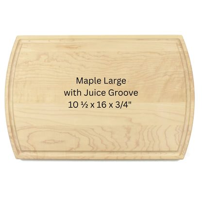 Maple cutting board with text indicating size and features on a white background