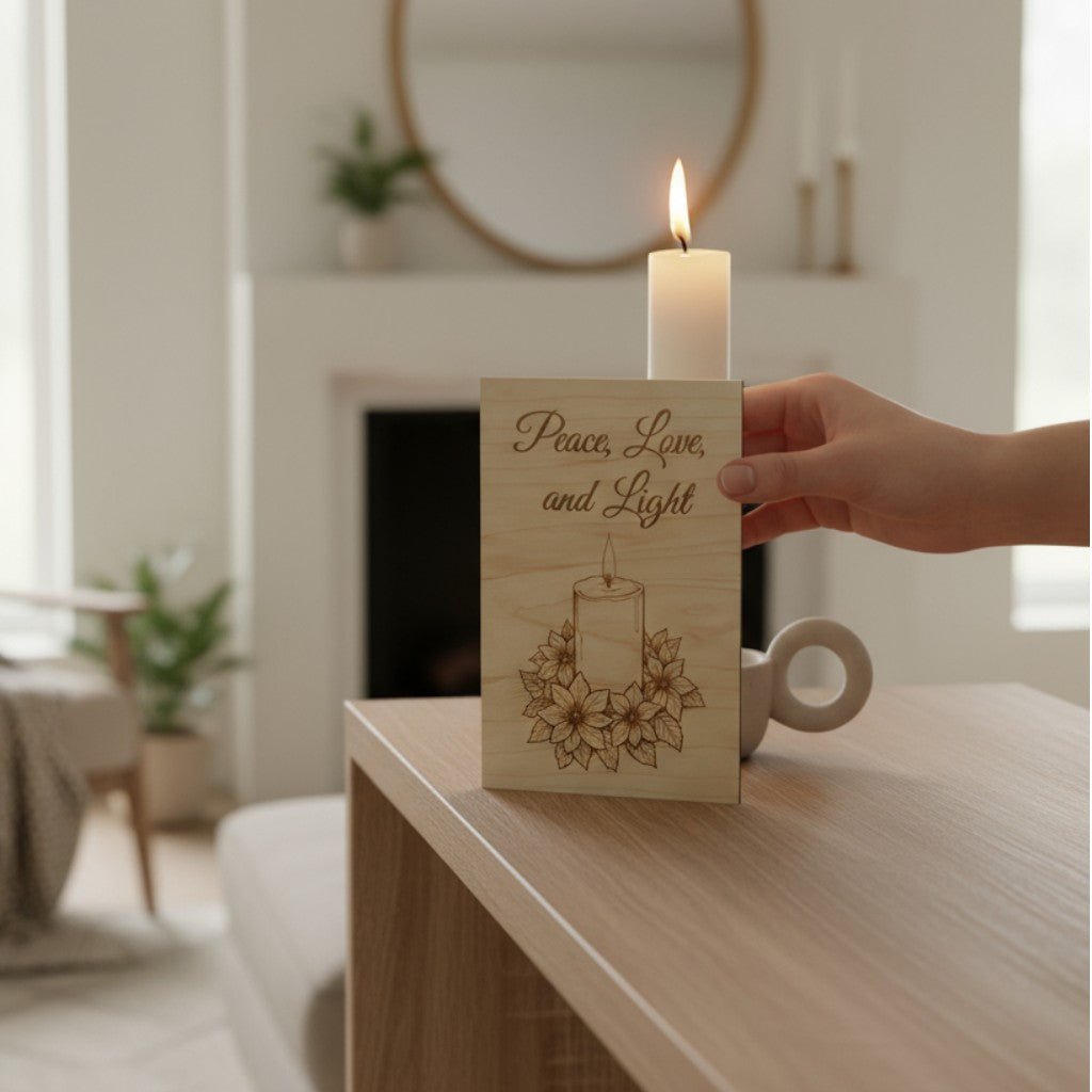 Greeting card with candle and poinsettia on table with woman's hand holding it.