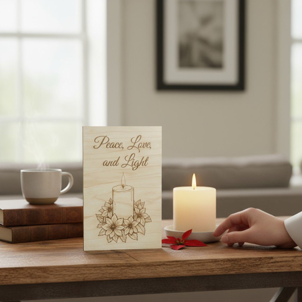 Peace Love and Light Greeting Card on table with candle and small poinsettia
