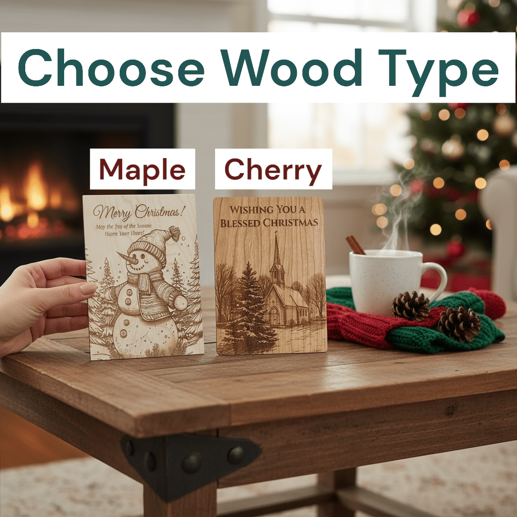 Greeting cards made from both cherry and maple hardwood for comparison.  Sitting on coffee table with cup and pine pine cones
