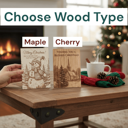 Greeting cards made from both cherry and maple hardwood for comparison.  Sitting on coffee table with cup and pine pine cones