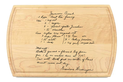 Wooden cutting board with handwritten recipe